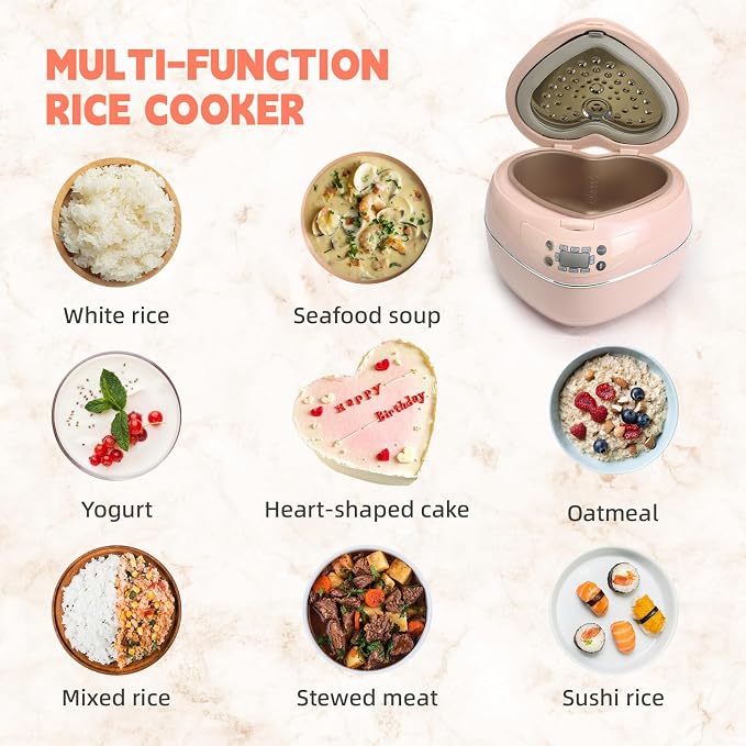 Peach Heart Shape Rice Cooker 8 Cup Cooked, 4 Cup Uncooked Rice, Multifunctional Pink Rice Cooker, 300w, with Preset Timer, 1.8L (Light Pink)