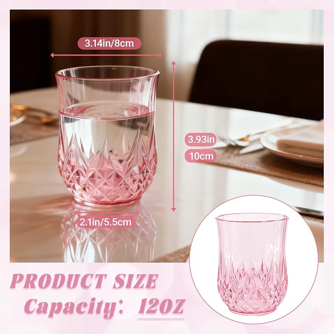 40 Pack Plastic Stemless Wine Glasses, 12oz Unbreakable Wine Cups | Reusable Fancy Vintage Drinking Glass Bulk for Cocktail, Whiskey, Juice, Elegant Decor for Wedding, Party & Holiday Events