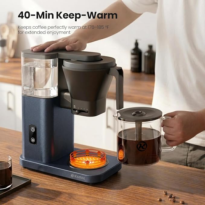 Kismile SCA-Certified 8-Cup Drip Coffee Maker with Pour-Over Control | 3-Second Heating at 197–205°F, Adjustable Flow, Removable 1.25L Water Tank, 20-Min Cold Brew and 40-Min Keep Warm
