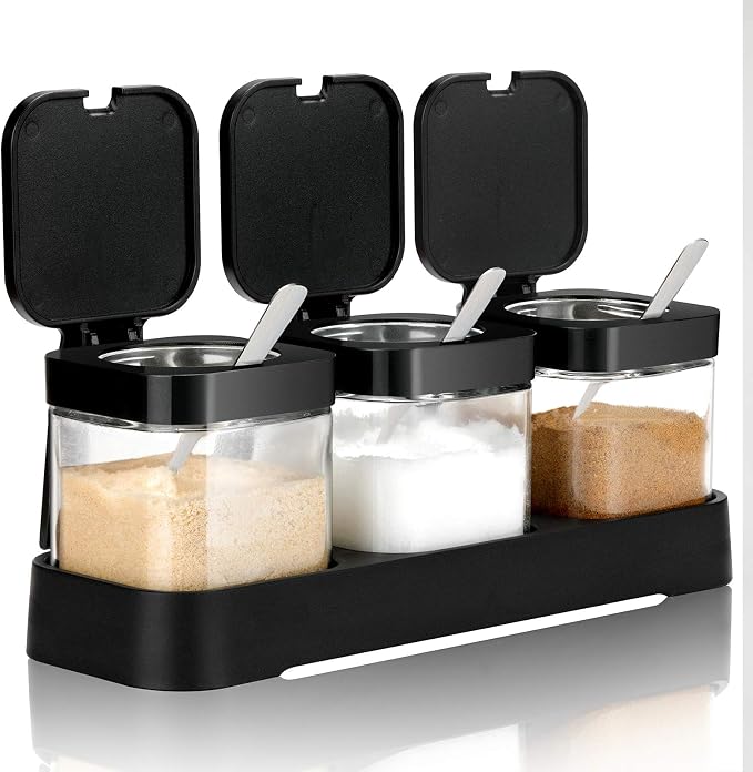 Mlici 3 Pack Condiment Jars, Spice Containers with Lids and Spoons, Black | 8.6oz Capacity, Clear Glass Seasoning Condiment Pots, Salt Sugar Bowl Container Set for Counter Organizer, Housewarming Gift