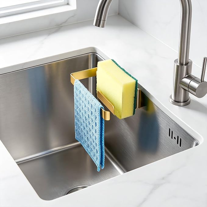 Sponge and Dish Cloth Holder for Kitchen Sink, 2 in 1 Adhesive Sink Dish Sponge Holder, Sinks Caddy Organizer Rack for Storage Sponges Scrubber Glove and Brush, Gold
