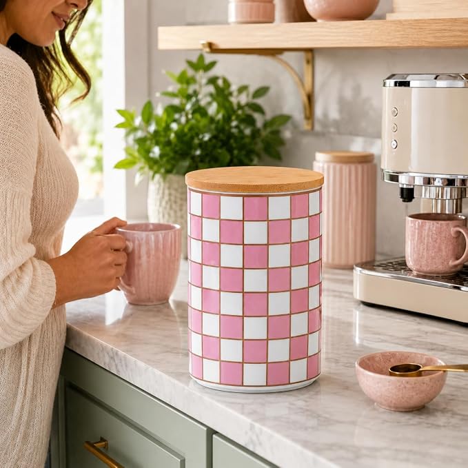 Kitchen Countertop Ceramic Checkered Canisters,Black And White Food Storage Containers With Lid,Airtight Kitchen Canisters for Flour, Sugar, Coffee, Tea, and Dry Goods (Pink, XL)