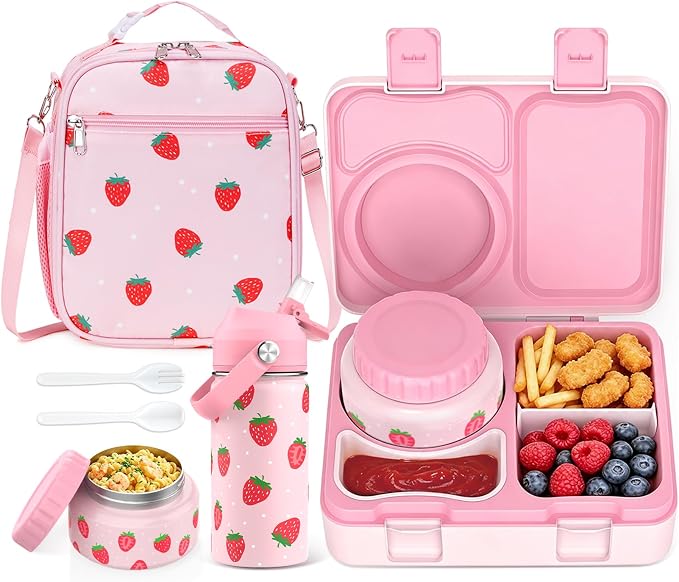 Bento Lunch Box for Kids Adult, Leakproof 3-4 Compartment Bento Box Set with Insulated Food Jar,Water Bottle, Lunch Bag, School Lunch Container for Toddler Teen Girls Boys Ages 3+(Strawberry)