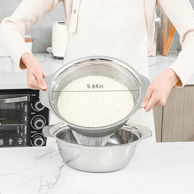 Paoli 304 Stainless Steel Fine Mesh Colander Set, 3.5QT Large Capacity Strainer with Mixing Bowl — Rinse Fruits, Veggies, Rice & Drain Pasta, Dishwasher Safe (2-Piece)