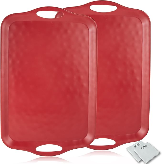 ECOIOU 20x13 inch Extra Large Serving Tray with Handles, Set of 2, Red | Melamine Platters for Serving Food, Turkey, Cookie, Rectangular Trays for Eating, Raised Dots Matt Finished, Dishwasher Safe