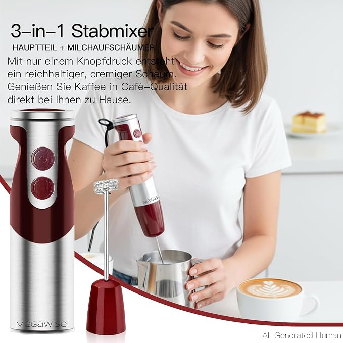 MegaWise Pro Titanium Reinforced 3-in-1 Immersion Corded Hand Blender, Powerful MOTOR with 80% Sharper Blades, 12-Speed Corded Blender, IncludingWhisk and Milk Frother (3-in 1 Red)
