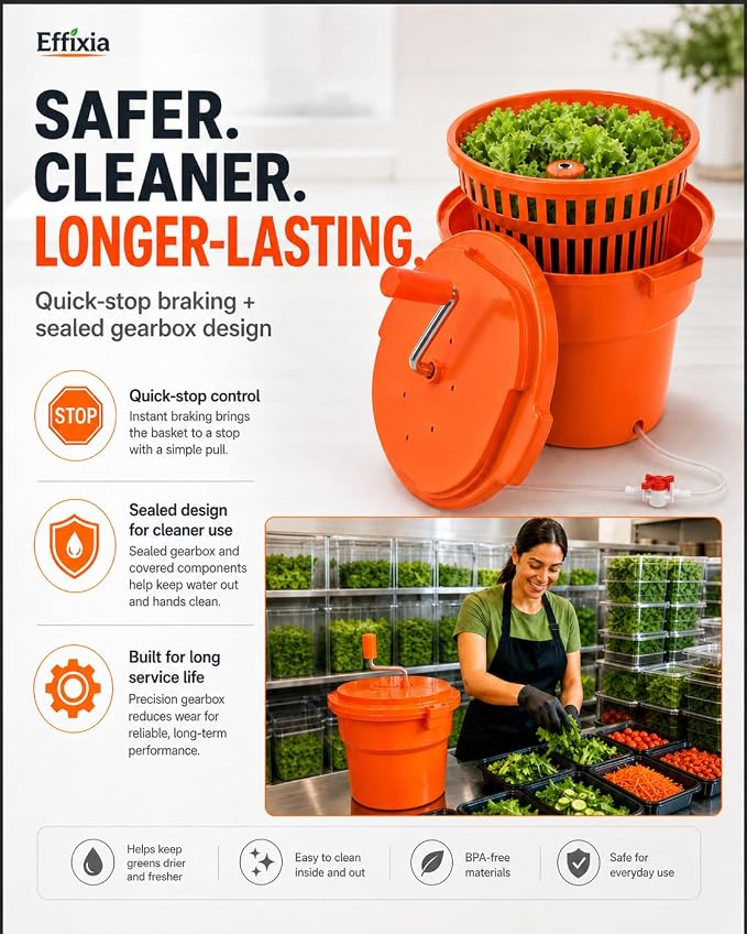 Commercial Salad Spinner - 3 Gallon Large Capacity Lettuce Dryer | 10 Ft Drain Hose & Stop Valve, 12Qt Manual Vegetable Spinner for Restaurants, Catering and Meal Prep