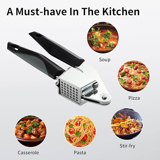 Garlic Press Stainless Steel, Manual Garlic Mincer for Kitchen Use | Easy to Squeeze and Clean, Rust Proof and Dishwasher Safe, 8.26-Inch, Black Garlic Crusher