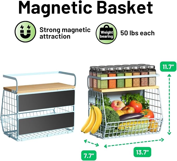 Magnetic Shelf for Fridge with Wood Lid, Fruit Potato and Onion Storage Bins, Pantry Organizers & Storage, Large Container Magnetic Spice Rack for Refrigerator, Kitchen Counter, Cabinet (Blue, 1)