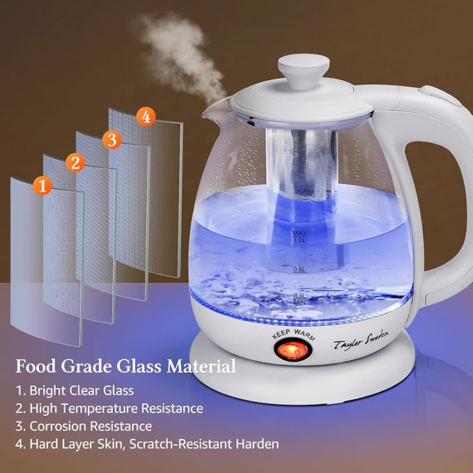 Taylor Swoden Electric Kettle With Tea Infuser, 1L, White | Keep Warm, LED Light Hot Water Boiler & Heater For Coffee & Tea, Auto Shut-Off & Boil Dry Protection, Bpa Free