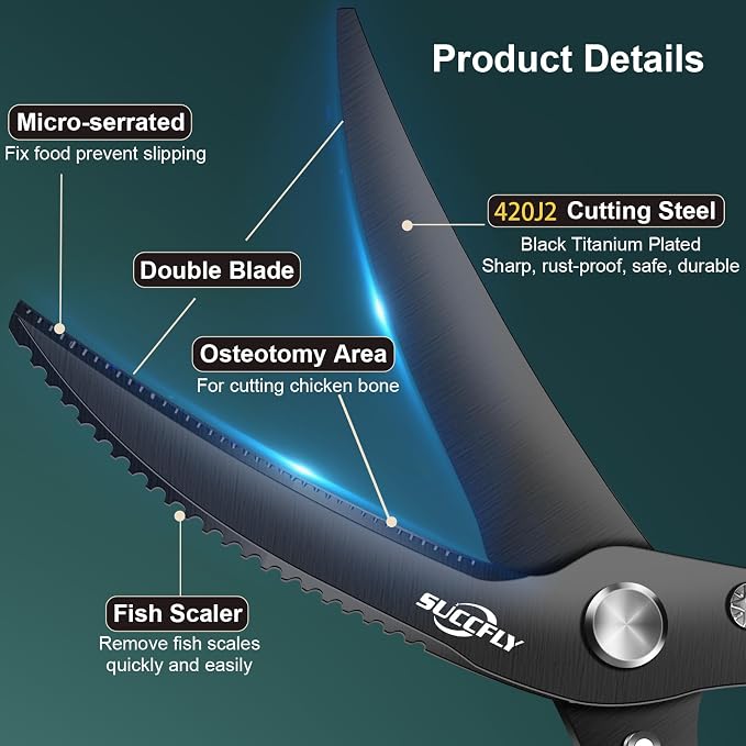 SUCCFLY Kitchen Shears Heavy Duty, Premium Kitchen Scissors Stainless Steel, 8.8" Poultry Shears Ultra Sharp for Bone Chicken Meat, Food Scissors Anti-Slip Handle, Black Titanium Plated, Spring Loaded | Premium Kitchen Shears, Ultra Sharp 420J2 Blade, ...