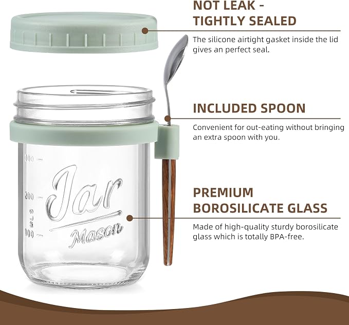 LANDNEOO 4 Pack Overnight Oats Containers with Lids and Spoons, 16 oz Glass Mason Jars with Airtight Lids, Overnight Oats Jars for Milk, Cereal, Fruit-Green