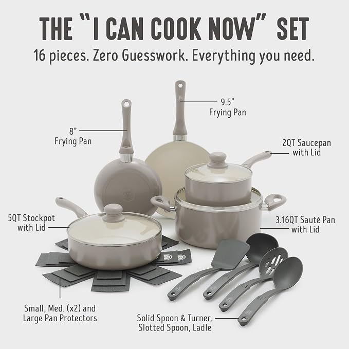 GreenLife 16pc Ceramic Nonstick Pots & Pans Cookware Set, Beige Taupe | PFAS-Free Nonstick Coating, Stockpot, Frying Pans, Saucepan, Sauté, Induction Ready, All Stovetop Compatible, Dishwasher Safe