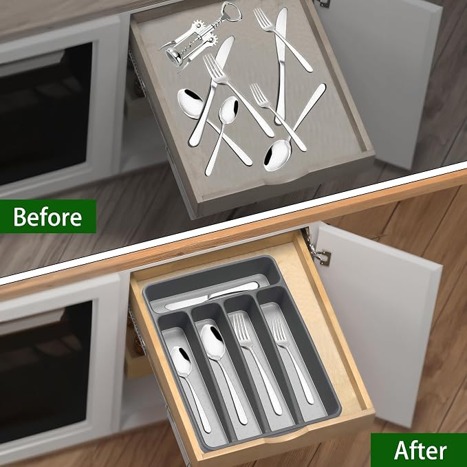 Loyareal Silverware Organizer Utenisl Organizer Holder Kitchen Drawer Organizer Plastic Silverware Tray for Drawer Flatware Organizer 5 Compartment Black