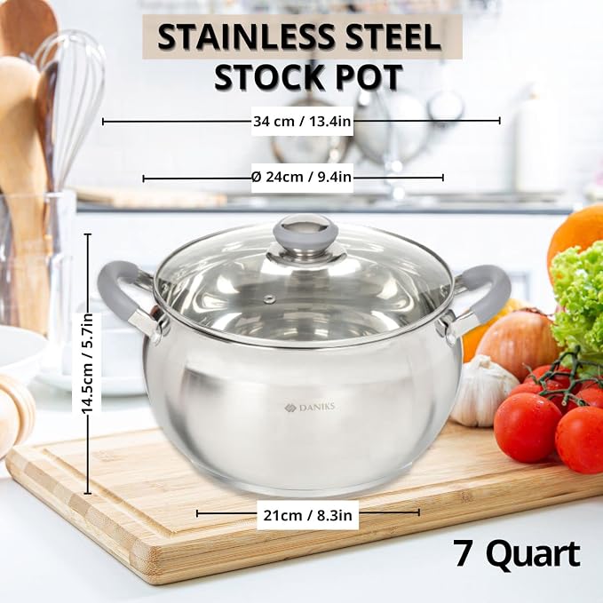 Daniks Modern 7 Quart Stainless Steel Stock Pot with Glass Lid, Tri-Ply Bottom for Even Heating, Induction Compatible, Dishwasher Safe, Heatproof Handles