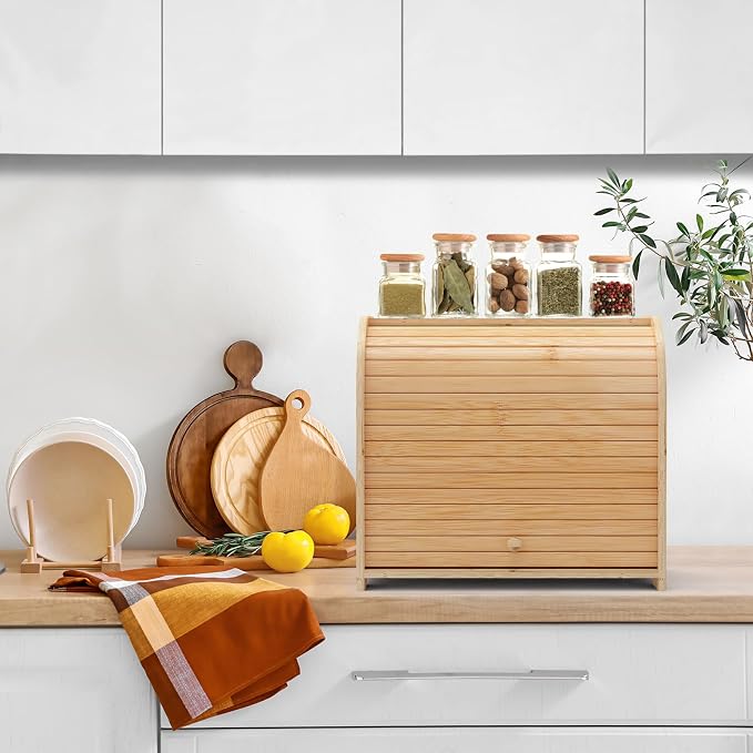 Bamboo Bread Box Roll Top for Kitchen Countertop Breadbox Storage | Roll Top Bread Box with Sliding Lid,Large Double Layer with Adjustable Middle Shelf