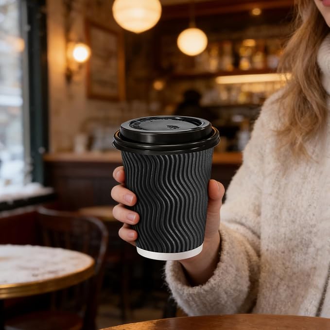 Lamosi 50 Pack 8 oz Disposable Coffee Cups with Lids and Straw, Black | Insulated Corrugated Ripple Wall Hot Cups with Lids for Hot Drink, Office, Coffee Bars, Meetings, and Short To-Go Use