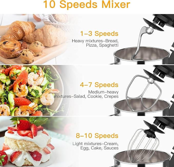 GarveeLife 7.5QT Stand Mixer, 10-Speed Tilt-Head Electric Food Mixer with Stainless Steel Bowl, 660W Motor, Dough Hook, Whisk & Beater, Compact Design for Home Baking,Black