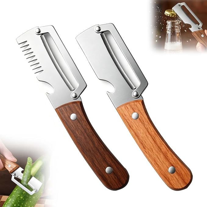 Multi-Functional Vegetable Peeler for Kitchen, 2026 New Stainless Steel Peeler with Wooden Handle and Bottle Opener, Kitchen Tool for Fruit Veggie Pumpkin, Gifts for Mom (MIX，2PC)