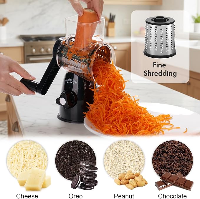 Rotary Cheese Grater Shredder | 3-in-1, Hand Crank, Suction Base