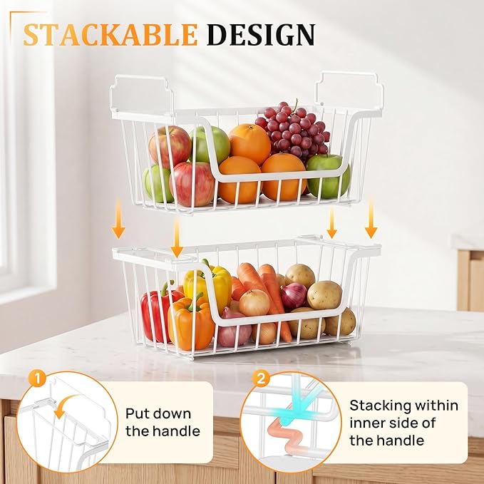 SUNALLY Stackable Storage Bins 6 Pcs Wire Baskets Freezer Organizer, White | Pantry Organizers Storage, Vegetable Fruit Storage Basket for Countertop, Kitchen Baskets for Onion Potato Snack Cans Storage