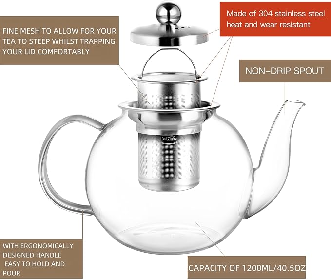 CNGLASS 40oz Glass Teapot with Removable Infuser,Clear Tea Kettle Stovetop Safe,Blooming and Loose Leaf Tea Maker Set
