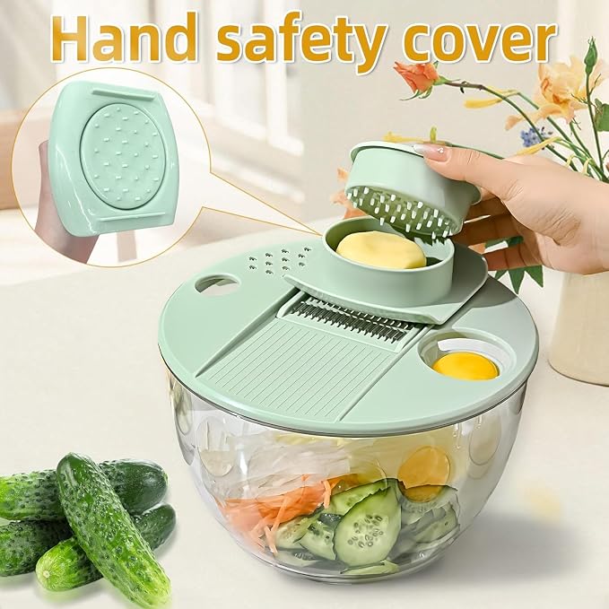 Large Capacity Multi-Function Salad Spinner with Quick Stop Button, Salad Spinner Stainless Steel, Salad Spinner Large, with 5 Blade Slicer Egg Yolk Strainer Shredder (Transparent White)