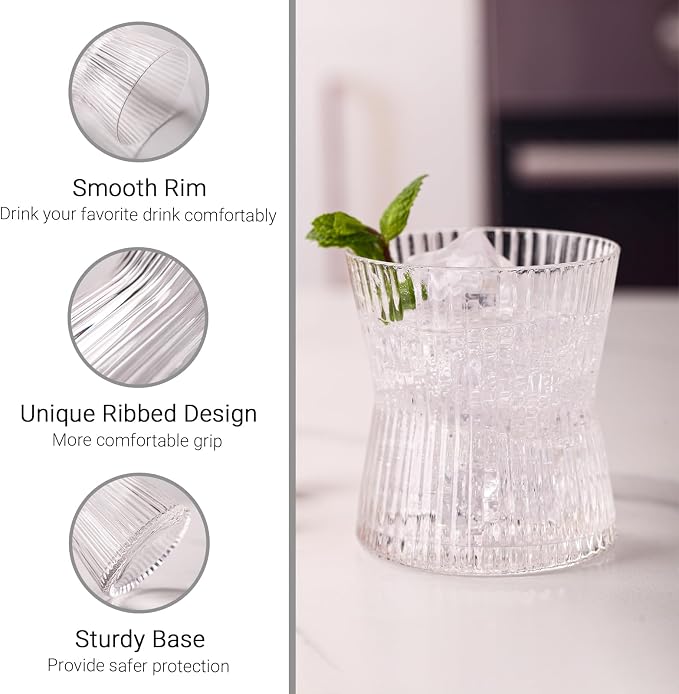 JOVGANK Drinking Glasses Set of 8 – Lead-Free Crystal Glassware, 4 Tall 10oz & 4 Short 8.5oz Vintage Ribbed Tumbler Glasses, Dishwasher Safe, for Juice Beer Cocktails, Great Housewarming Gift, Set B