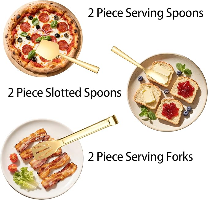 Stainless Steel Serving Utensils, 10PCS Serving Utensils Flatware Set | Gold Serving Set include Spoons Forks Slotted Spoons Appetizer Tongs Cake Server Butter Knife for Party Wedding