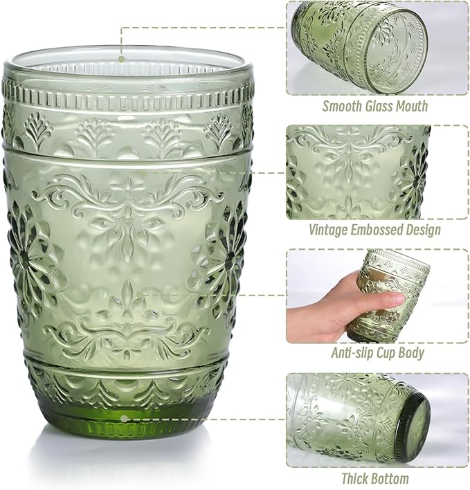 abrwyy Green Drinking Glasses, Vintage Glassware, 14oz Green Glass Cups | Lead-Free Glass, Thick&Durable Glass, Home Decoration, Drinking Glasses Set of 6