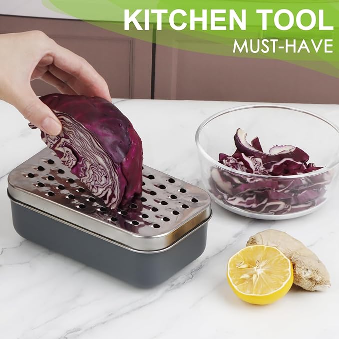 Cheese Grater Citrus Lemon Zester with Food Storage Container & Lid - Perfect For Hard Parmesan Or Soft Cheddar Cheeses, Ginger, Vegetables, Butter, Chocolate & Nutmeg, Gray