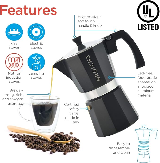 GROSCHE Milano Moka pot, Stovetop Espresso maker, Greca Coffee Maker, Stovetop coffee maker and espresso maker percolator (Black, 12 cup) | Cuban Coffee Maker And Italian Moka Pot For Stovetop Espresso; For Gas, Electric, And Propane Stoves With A Soft...