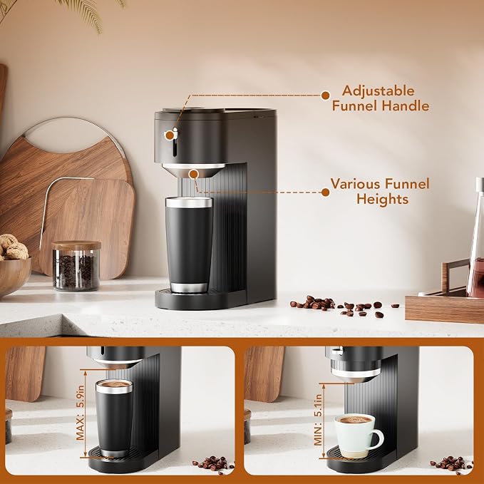 Single Serve Coffee Maker – Brew with Coffee Pods & Grounds, Compatible with Kcup Coffee Pods, Small Sizes Up to 6 8 10 12 14 Oz, 14 Oz Water Reservoir, Easy to Clean for Office Travel Home, Black | 6–14oz adjustable brew sizes, 14oz reservoir, self-cl...