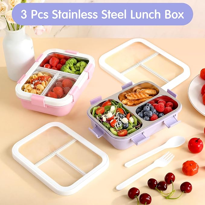 LemonRoad 2 Pcs 304 Stainless Steel Bento Box with Spoon Fork, 24 oz, Pastel