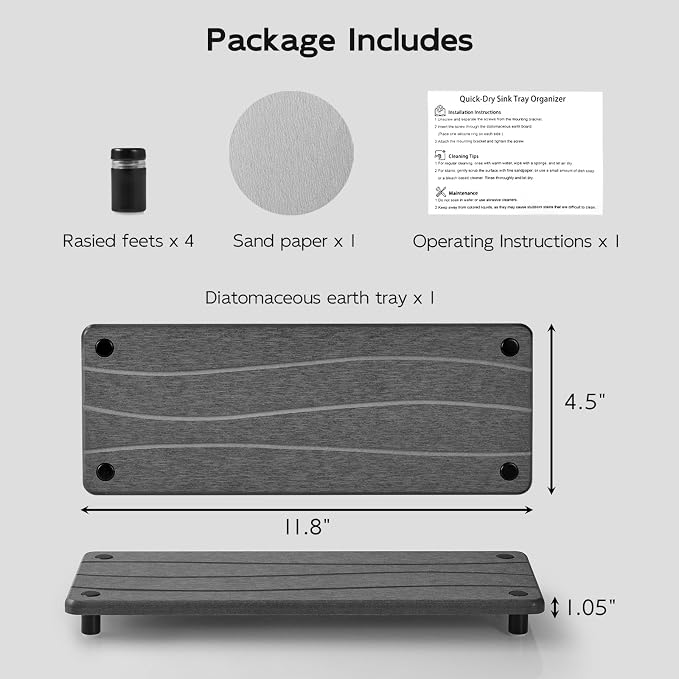 Water Absorbing Stone Sink Tray, 11.8" Diatomite Tray for Kitchen Bathroom Vanity, Fast Drying Stone Drying Caddy for Soap Dispenser, Sponge Holder with Wavy Groove Design