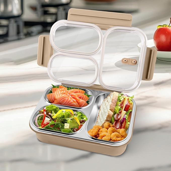 Stainless Steel Lunch Box, 3 Compartments Metal Bento Box for Kids, 25oz Lunch Container with Leakproof Lid, Divided Meal Prep Box for Adults, Kids - Ideal for Office, School, Healthy Eating