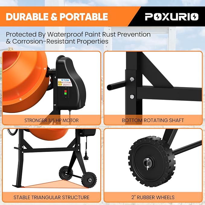 120L Electric Cement Mixer, 4.3 Cubic Ft. 450W 3/5HP Portable Concrete Mixer Machine with Stand And Wheels for Stucco, Mortar, Seeds, Orange