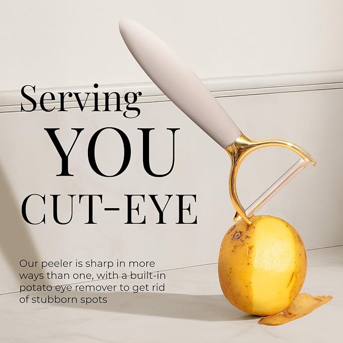 Styled Settings Beige and Gold Kitchen Utensils Set, 8-Piece | Silicone, 8 PC Cooking Gadgets with Mini Gold, Pizza Cutter, Garlic Press, Cheese Grater, Peeler