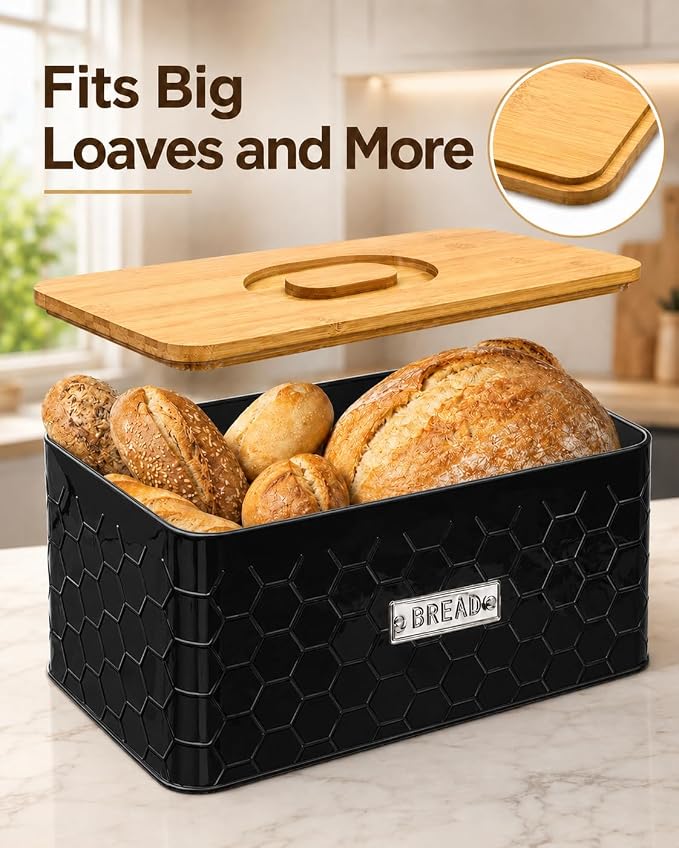 Bread Box for Countertop, Small Black Metal Bin with Bamboo Lid | Small farmhouse bread storage container and bread bin with cutting board lid for homemade bread and baked goods organization.