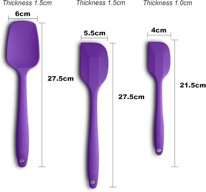 3-Piece Silicone Spatula Set, 600°F Heat Resistant, Purple | Stainless Steel Core, Silicone Rubber Spatulas for Nonstick Pans, Spatula, Spoonula and Mini Spatula for Cooking and Baking