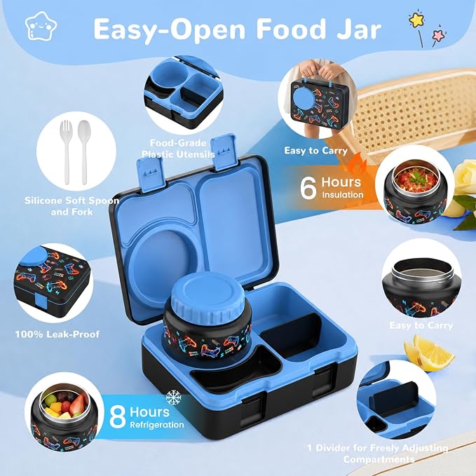 Bento Box for Kids, Leakproof Kids Lunch Box with 8.5OZ Thermo Food Jar & Lunch Bag, 3-4 Compartments Toddler Insulated Lunch Box for Boys, BPA Free Lunch Containers for School Daycare