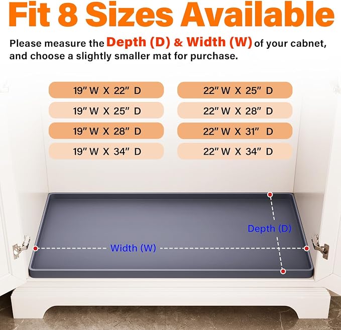 FLATO Waterproof Under Sink Mat, 34" x 19", Black | Shelf Liner for Kitchen and Bathroom, Cabinet Protector, Organizers and Storage, Flexible Silicone Drip Tray