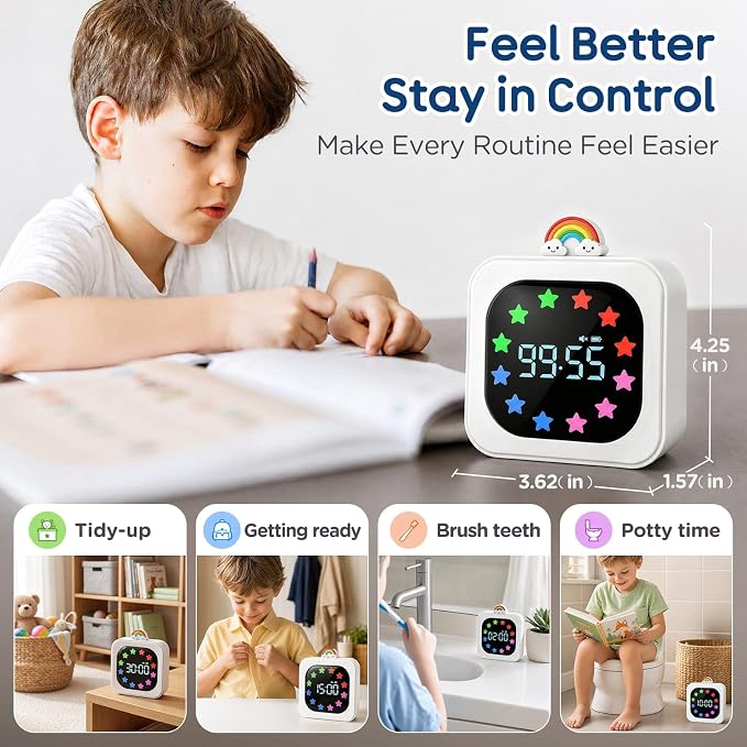Digital Visual Timer for Kids with 12-Star Rainbow Display & 9 Color Modes | 99-Minute Count-Up & Countdown Timer with Silent Mode & Pause for Classroom, Home, Kitchen, Rechargeable, Blue
