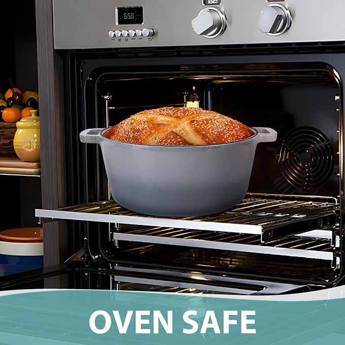 TeamFar 5qt Dutch Oven, Pre-seasoned Cast Iron for Bread Baking, Gray | 2-in-1 Bread Pan with Skillet Lid, Oven & Stovetop Safe for Baking Frying Stewing Grilling, Home Use Or Outdoor Camping