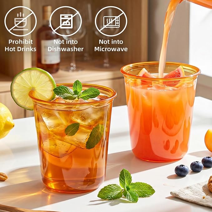 WELLIFE 100 Pcs 12 oz Clear Orange Plastic Cups | Disposable Cocktail Glasses Stemless Wine Punch Cups for Cold Drinking Party Supplies Graduation Thanksgiving Day
