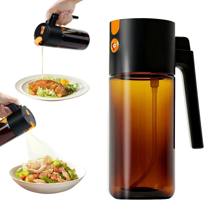 17oz/500ml Leak-Proof Glass Olive Oil Sprayer for Cooking, Fine Mist & Pour | 2 in 1 Oil Dispenser and Sprayer, Switch Between Fine Mist & Precision Pour for Air Fryer, BBQ, Salad, Baking - Black
