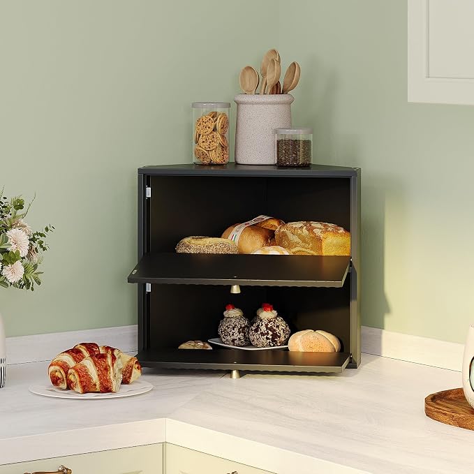 Trironsun Corner Bread Box for Kitchen Countertop Bamboo Two Layer Large Capacity Bread Storage Bin Vintage Storage for Homemade Bread (Black)