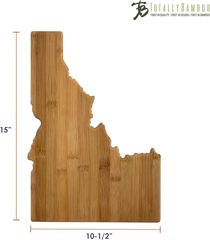 Totally Bamboo Idaho State Shaped Bamboo Serving and Cutting Board | State charcuterie board with natural bamboo grain. Knife-friendly surface for food prep. Hang tie for wall display.