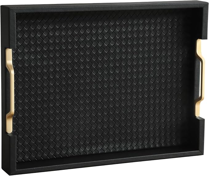 HofferRuffer Faux Leather Rectangle Serving Tray Decor Platter with Gold Metal Handles for Coffee Table, Breakfast, Tea, Food, Countertop, Kitchen, Butler Tray, 16.2 x 12.2 x 2 inches (Classic Black)