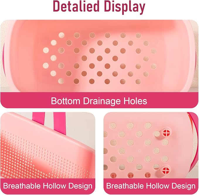 Portable Shower Caddy Basket with Handles Plastic Storage Basket Light Pink | Sturdy Drainage Large Capacity Organizer Basket with Silicone Handles for Bathroom Kitchen Bedroom College Dorm Essentials